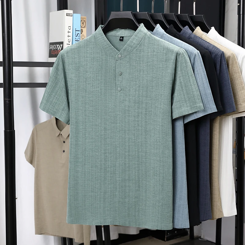 Linen Shirt Summer - Mens Mandarin Collar Half Placket Linen