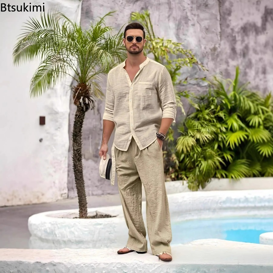 Linen Shirt Summer - New Men's Casual Cotton Linen 2PCS