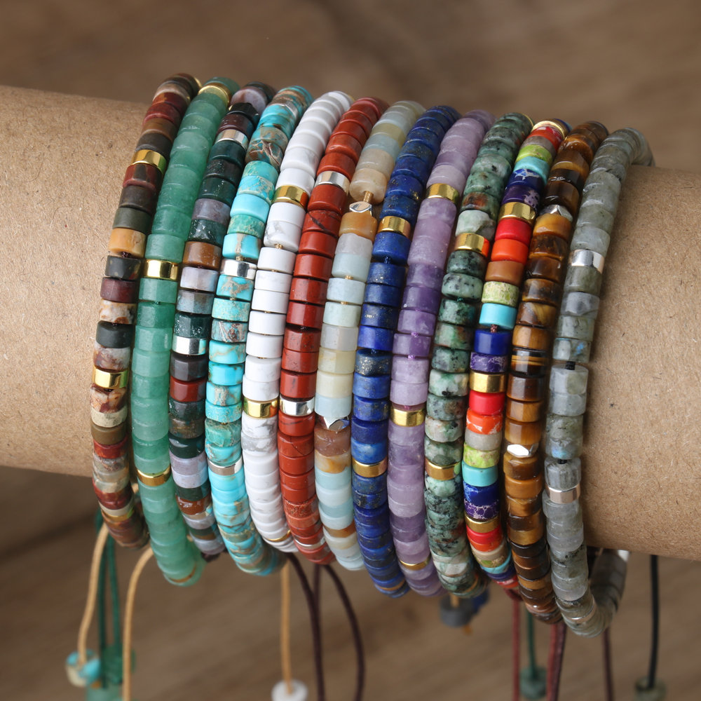 Mens Fashion Discord - Natural Stone Disc Spacer Beads Bracelet