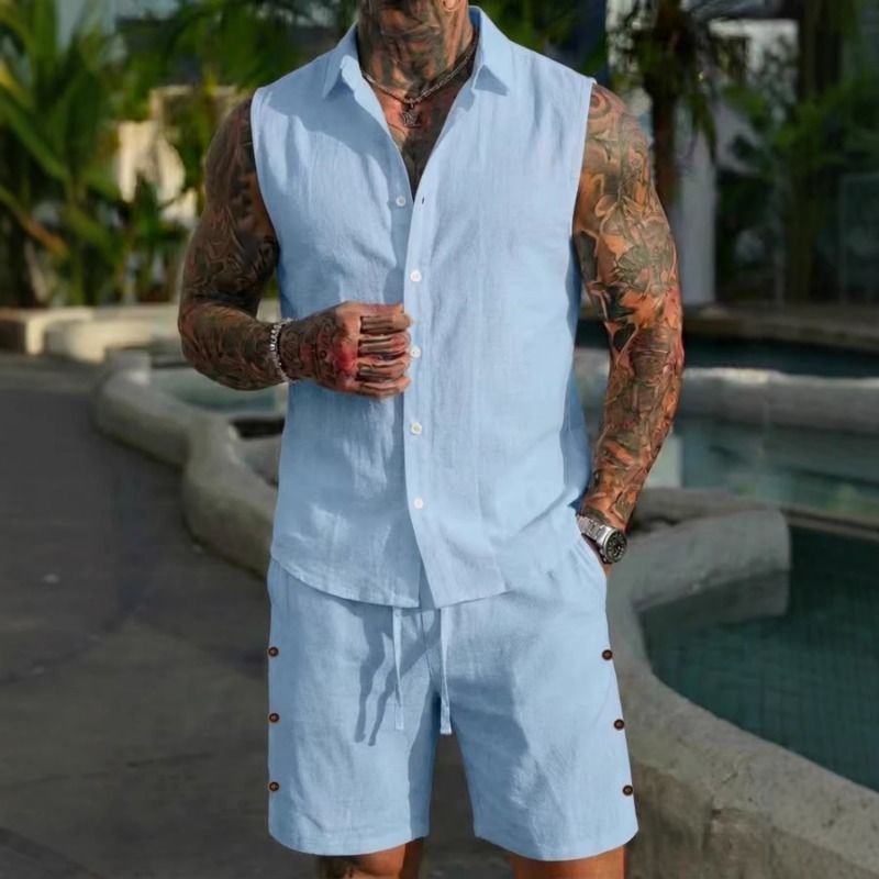 Men's 2 Piece Linen Textured S - Linen Shirt Summer 评论和价格