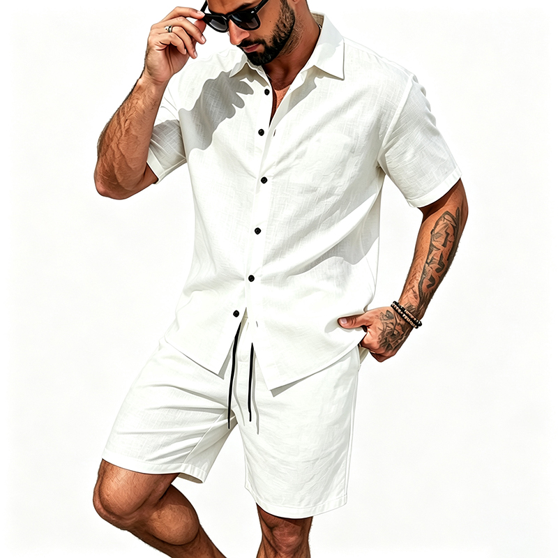 Men Linen Two Piece Outfit Sho - Linen Shirt Summer 评论和价格