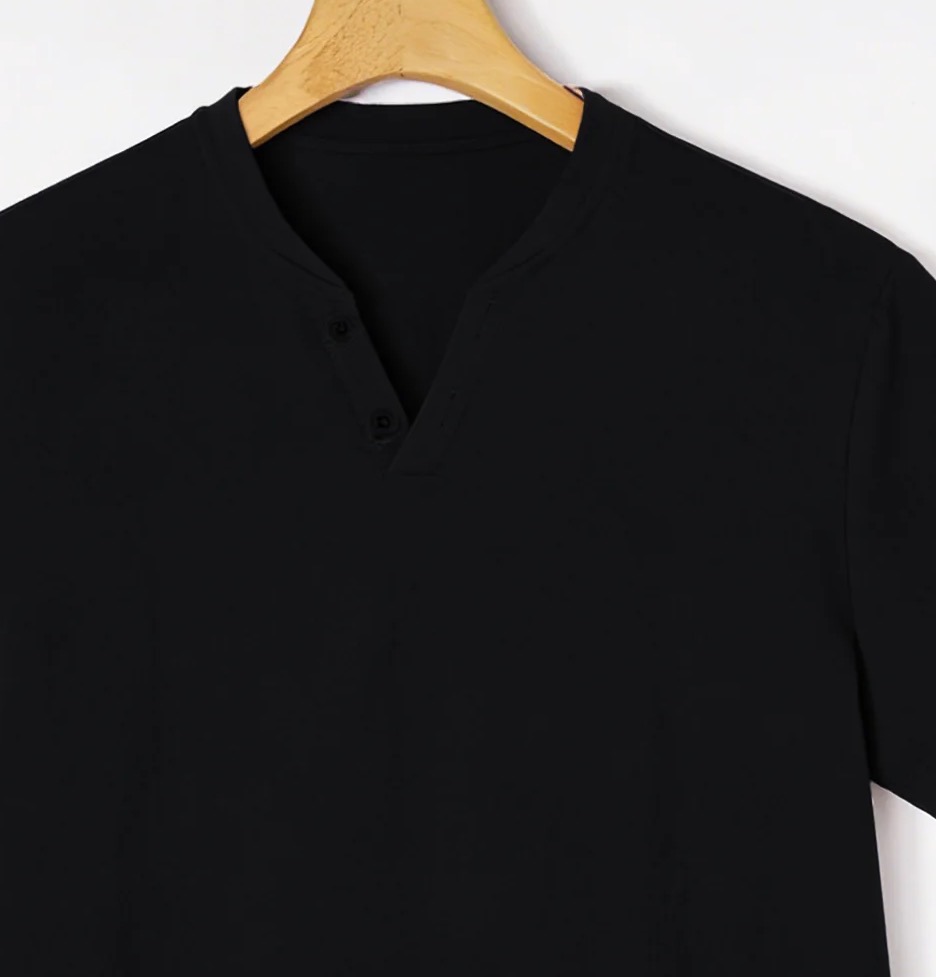 Elegant Black Henley Short-Sle - Linen Shirt Summer 评论和价格