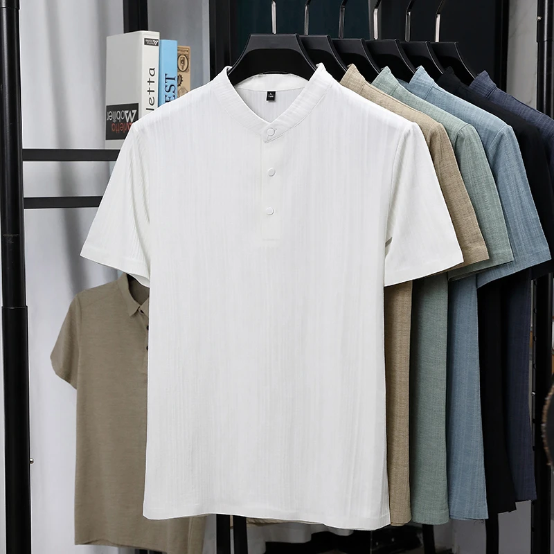 Mens Mandarin Collar Half Plac - Linen Shirt Summer 评论和价格