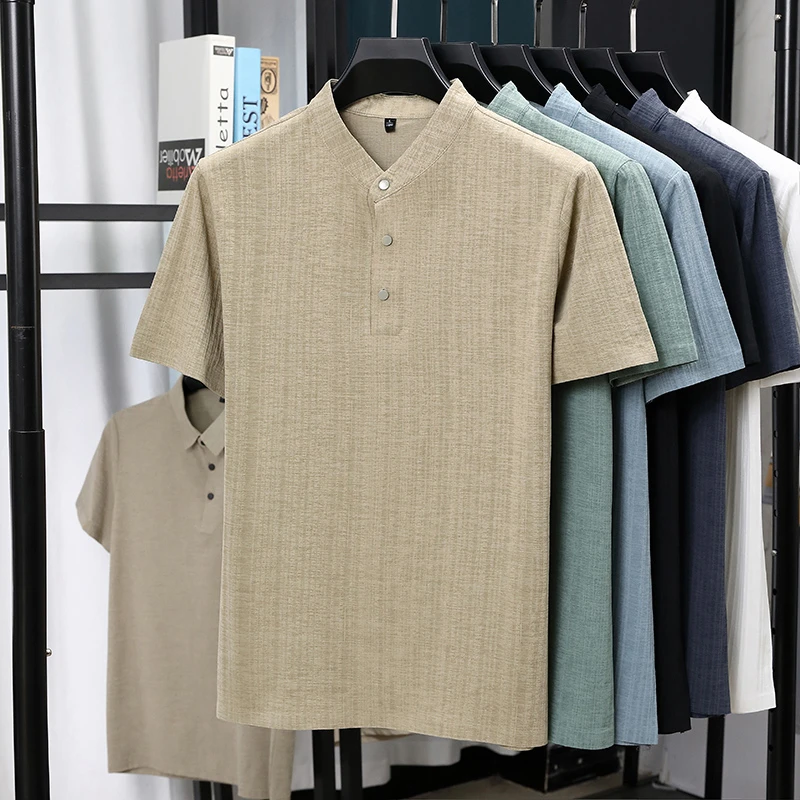 Mens Mandarin Collar Half Plac - Linen Shirt Summer 评论和价格