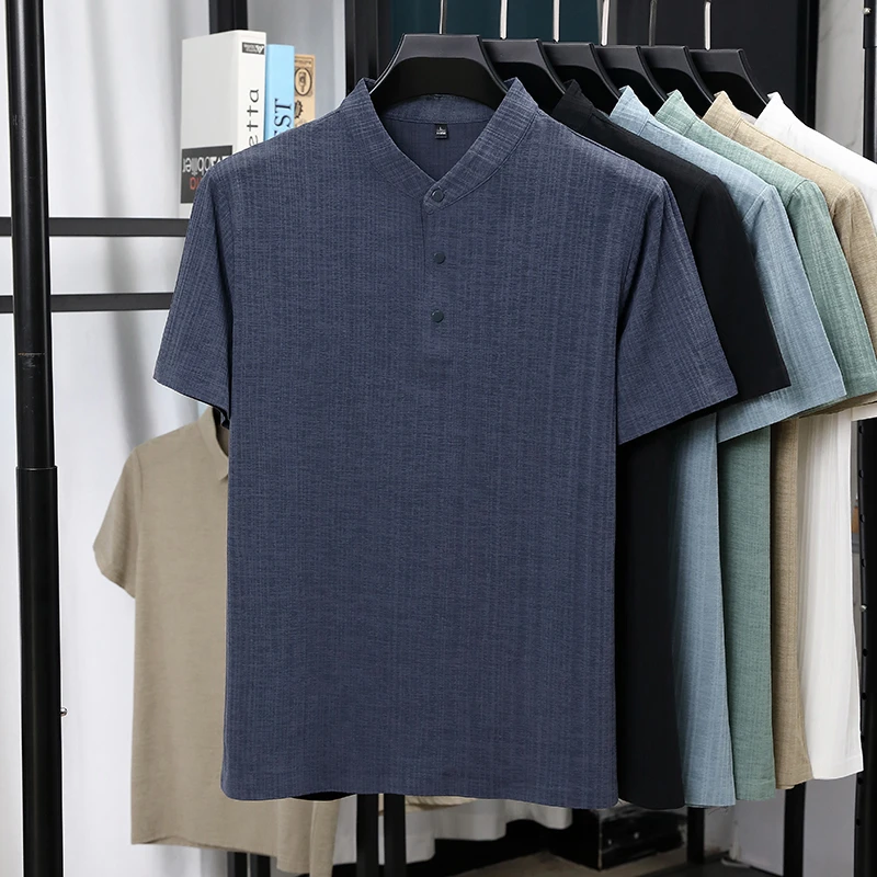 Mens Mandarin Collar Half Plac - Linen Shirt Summer 评论和价格