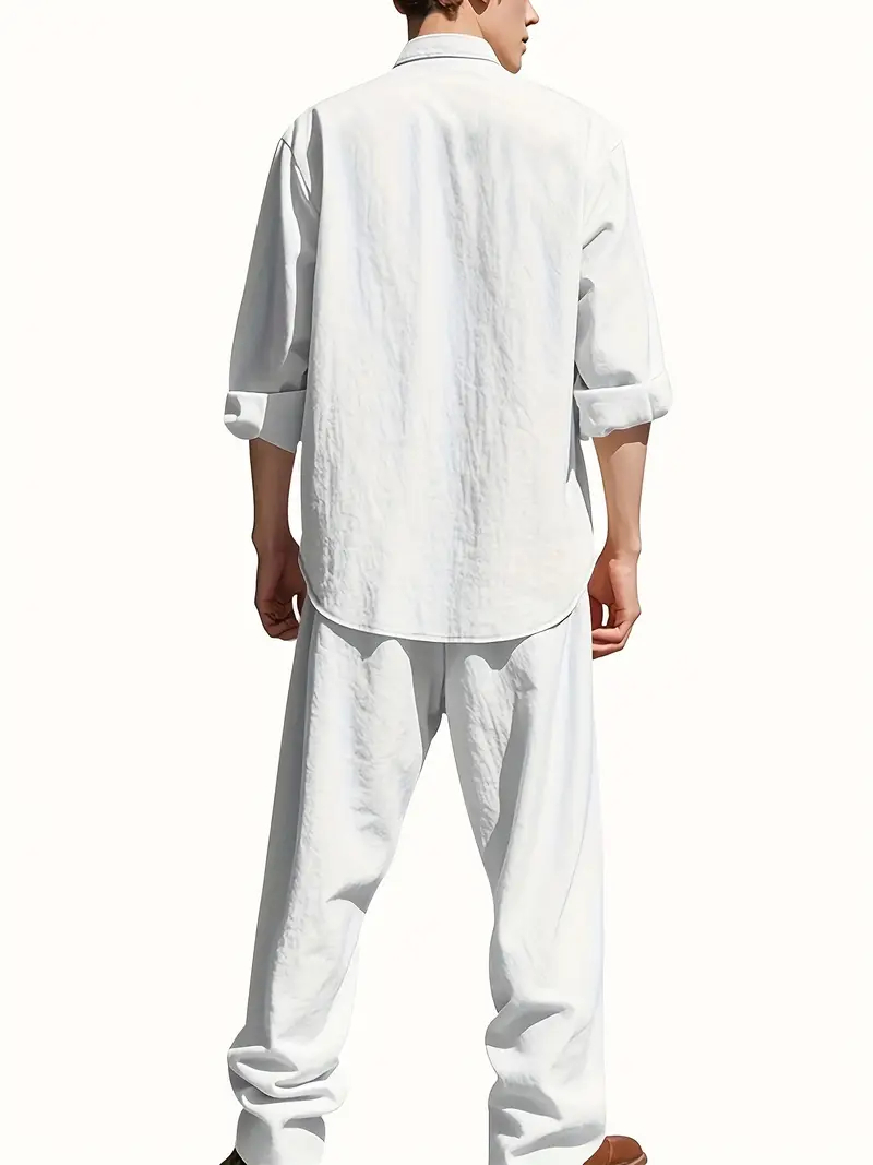 Men's White Linen Suit Set Lon - Linen Shirt Summer 评论和价格