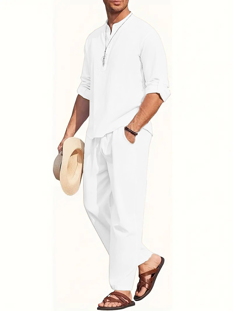 Men's White Linen Suit Set Lon - Linen Shirt Summer 评论和价格