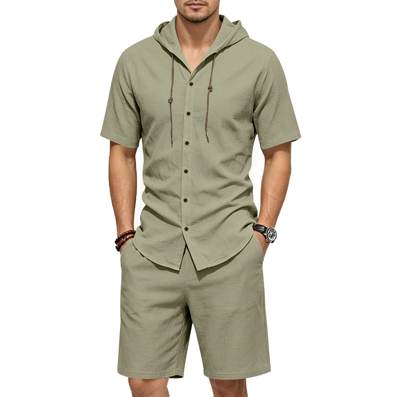 Mens Summer Linen Two Piece Se - Linen Shirt Summer 评论和价格